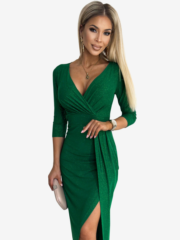 numoco Glitzerkleid mit Cut-out-Ausschnitt und Beinschlitz - grün Numoco