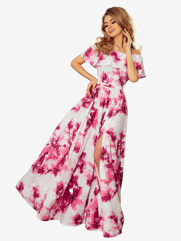 numoco Langes Kleid mit Rüschen - große rosa Blumen Numoco