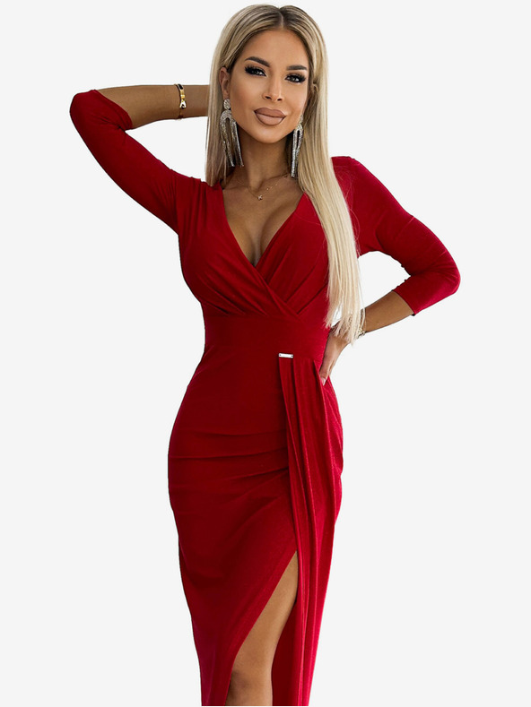 numoco Glitzerkleid mit Dekolleté und Beinschlitz - Rot Numoco