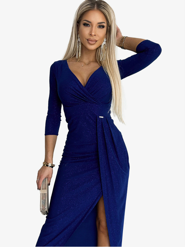 numoco Glänzendes Kleid mit Dekolleté und Beinschlitz - blau mit Glitzer Numoco