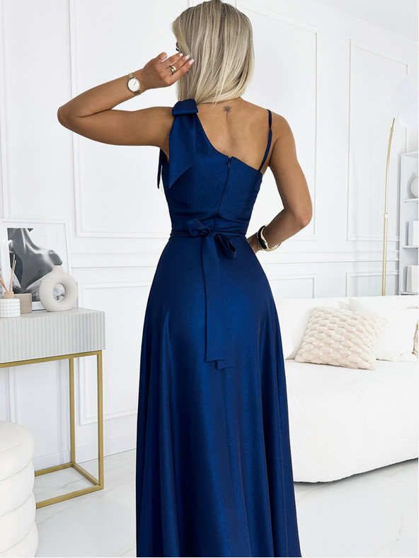numoco Langes glänzendes One-Shoulder-Kleid mit Schleife - dunkelblau Numoco