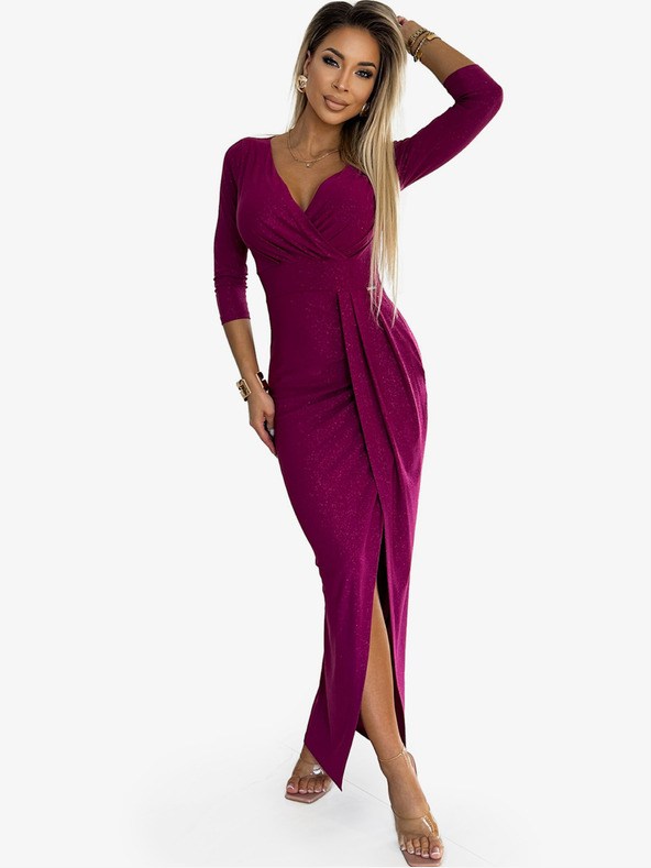 numoco Glänzendes Kleid mit Dekolleté und Beinschlitz - fuchsia mit Glitter Numoco