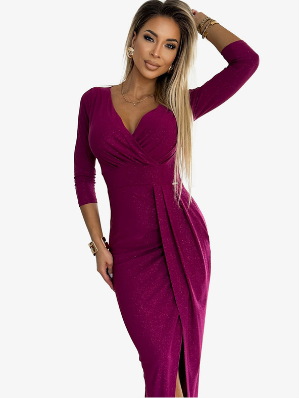 numoco Glänzendes Kleid mit Dekolleté und Beinschlitz - fuchsia mit Glitter Numoco