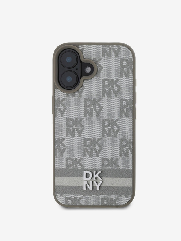 DKNY DKNY PU Leder Karomuster und Streifen Rückseite für iPhone 16 Beige
