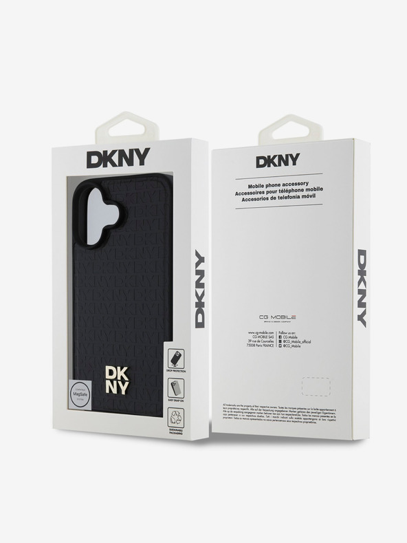 DKNY DKNY PU Leder Repeat Pattern Stack Logo MagSafe Back Cover für iPhone 16 Plus Schwarz