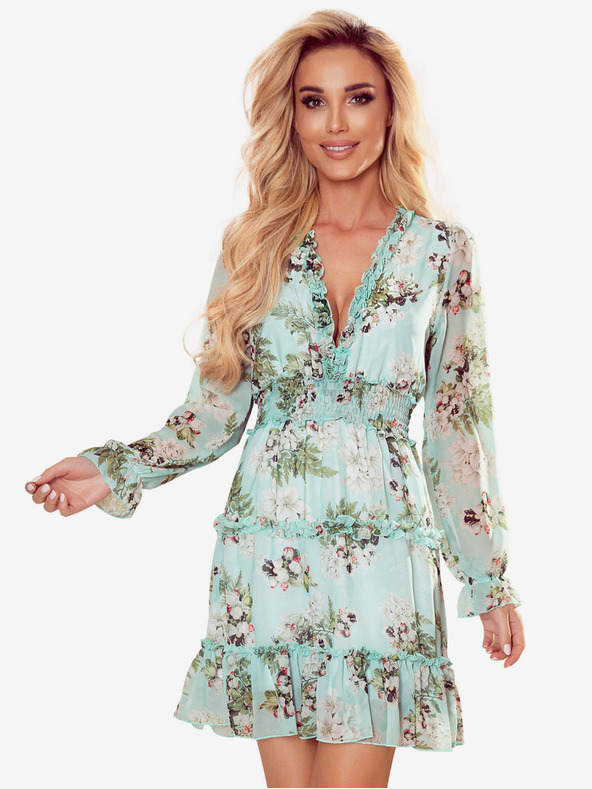 numoco Chiffonkleid mit Rüschen und breitem Gummiband - Blumen auf grünem Grund Numoco