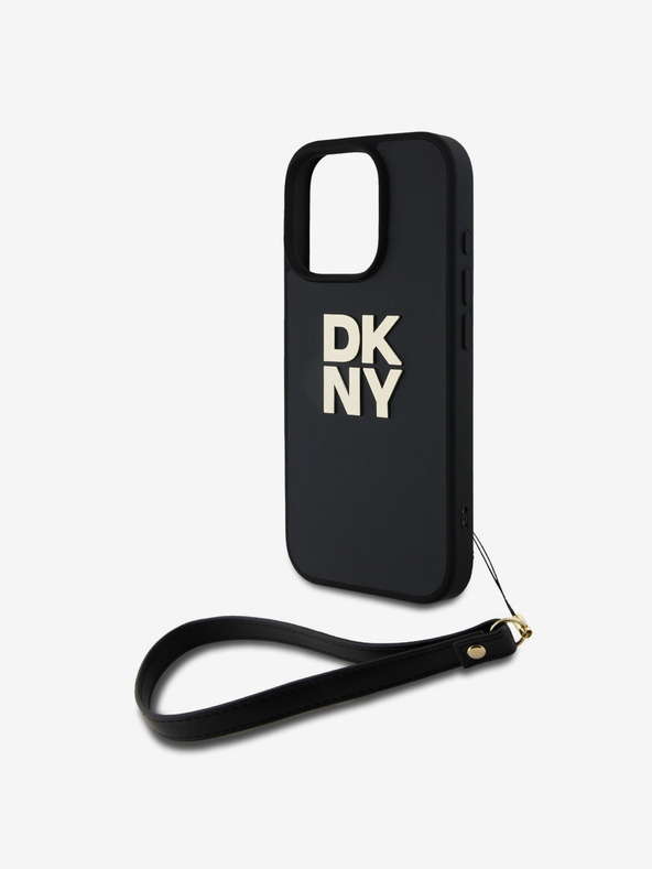 DKNY DKNY PU Leder Stack Logo Wrist Strap Back Cover für iPhone 16 Pro Schwarz