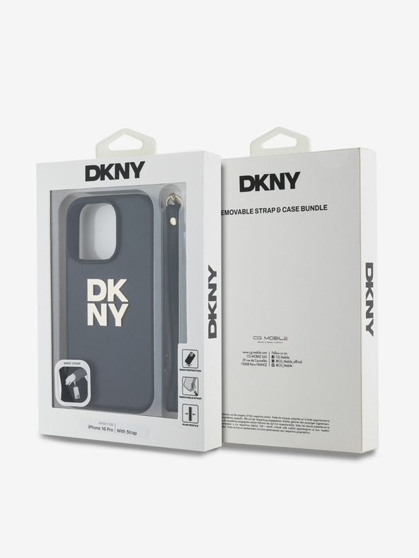 DKNY DKNY PU Leder Stack Logo Wrist Strap Back Cover für iPhone 16 Pro Schwarz