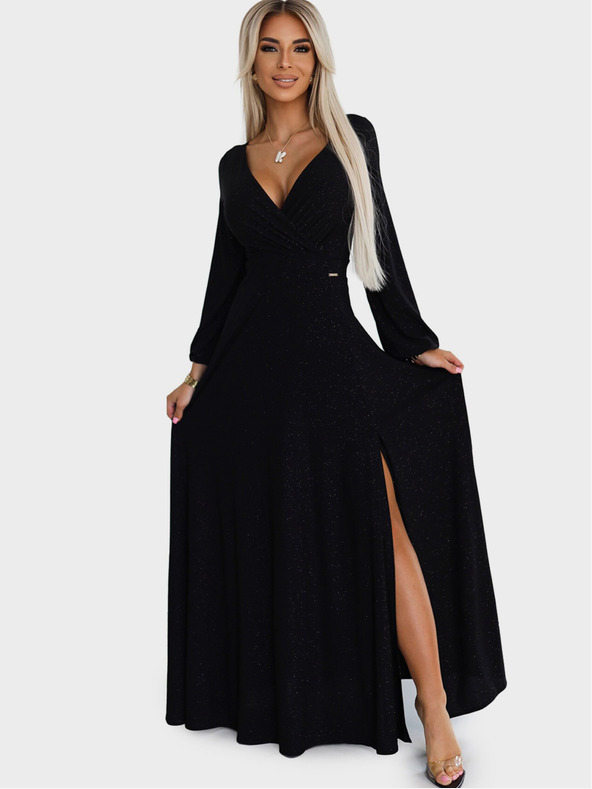 numoco Glänzendes Kleid mit langem Armausschnitt - Schwarz Numoco NELA