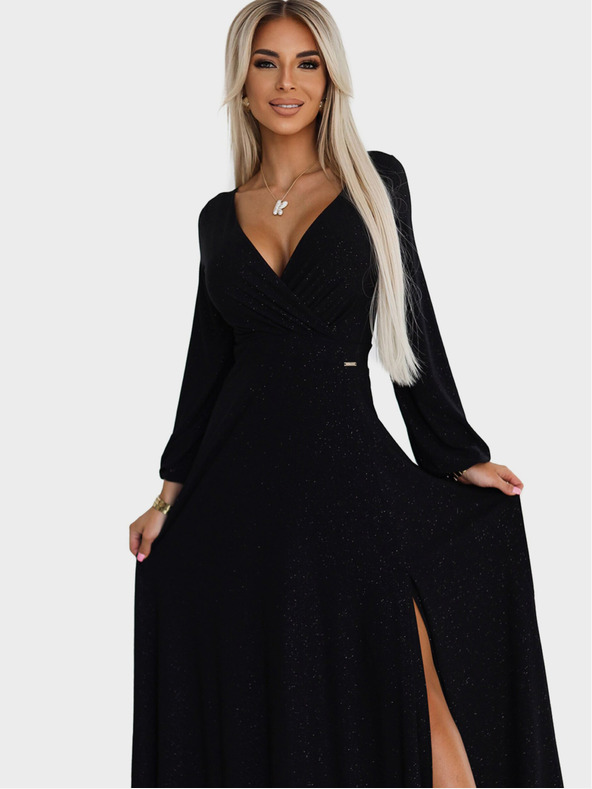 numoco Glänzendes Kleid mit langem Armausschnitt - Schwarz Numoco NELA