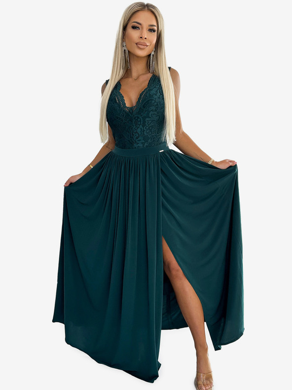numoco Langes Kleid mit Spitzenausschnitt - grün Numoco LEA