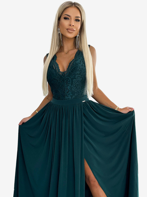 numoco Langes Kleid mit Spitzenausschnitt - grün Numoco LEA