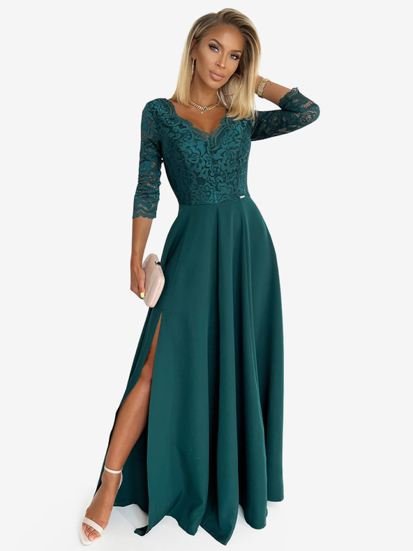 numoco Elegantes langes Spitzenkleid mit Dekolleté - grün Numoco AMBER