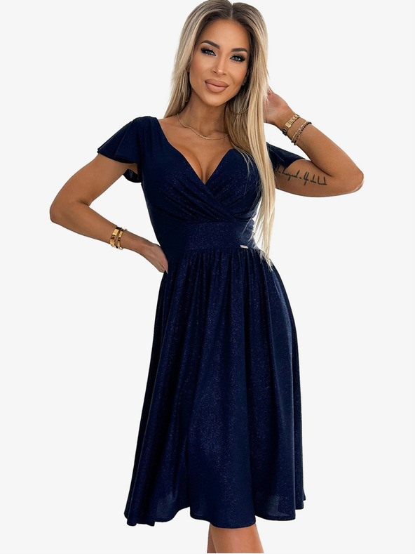 numoco Kurzärmeliges Kleid mit Ausschnitt und kurzen Ärmeln - dunkelblau mit Glitzer Numoco MATILDE