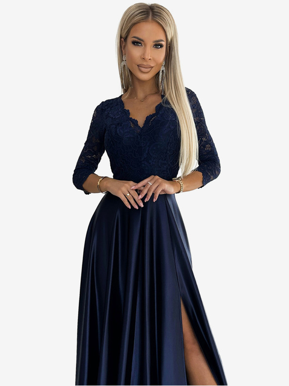 numoco Langes Satinkleid mit Spitze und Ausschnitt - dunkelblau Numoco AMBER