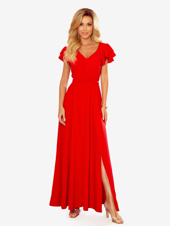 numoco Langes Kleid mit Halsausschnitt und Rüschen - Rot Numoco LIDIA