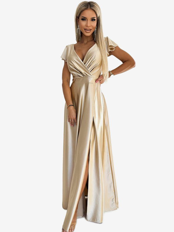 numoco Langes Satinkleid mit Dekolleté - gold Numoco CRYSTAL