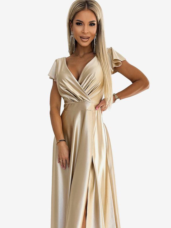 numoco Langes Satinkleid mit Dekolleté - gold Numoco CRYSTAL