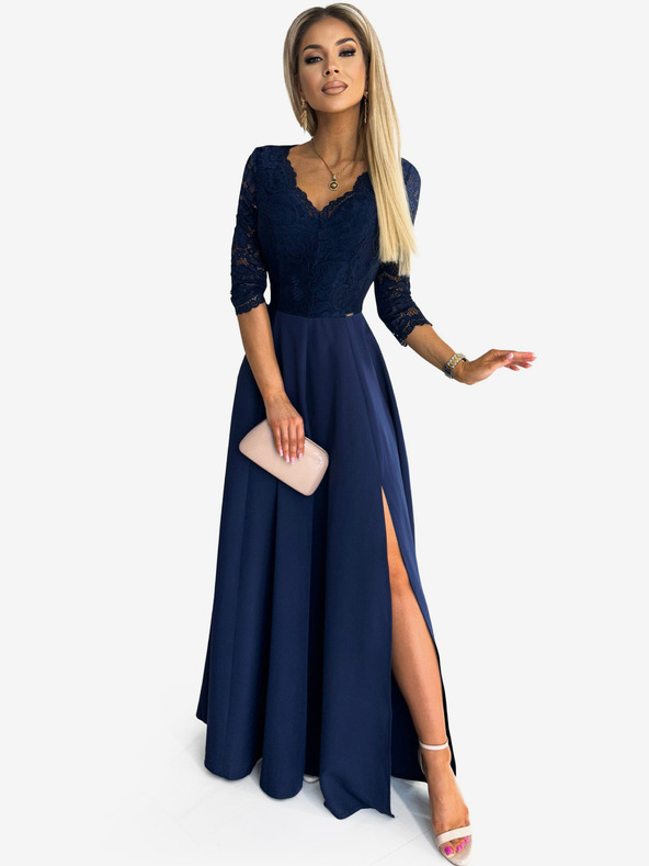 numoco Elegantes langes Spitzenkleid mit Dekolleté - Dunkelblau Numoco AMBER