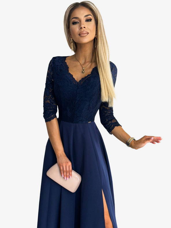 numoco Elegantes langes Spitzenkleid mit Dekolleté - Dunkelblau Numoco AMBER