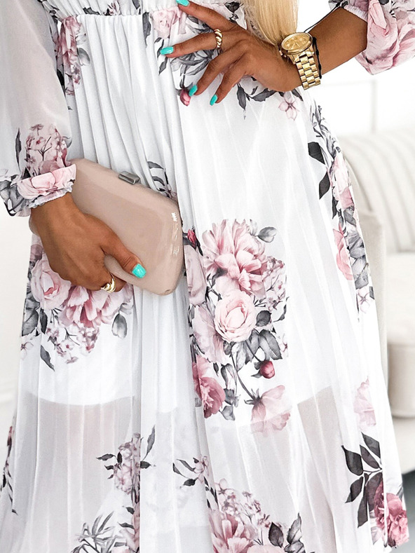 numoco Plissiertes Midikleid mit Knöpfen und langen Ärmeln - Rose auf weißem Grund Numoco CARLA