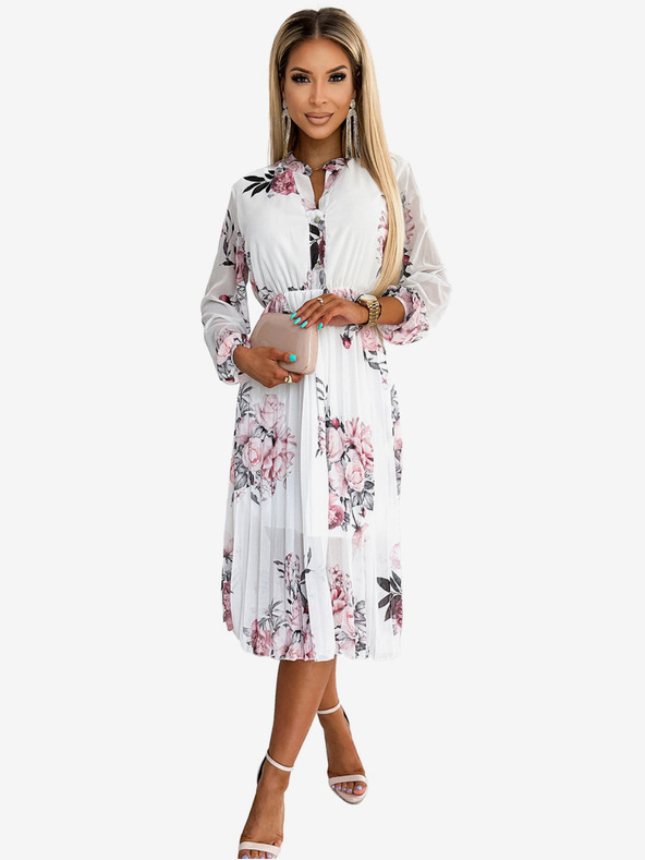 numoco Plissiertes Midikleid mit Knöpfen und langen Ärmeln - Rose auf weißem Grund Numoco CARLA
