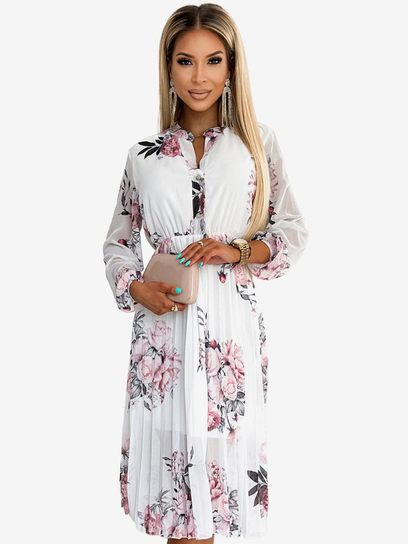 numoco Plissiertes Midikleid mit Knöpfen und langen Ärmeln - Rose auf weißem Grund Numoco CARLA