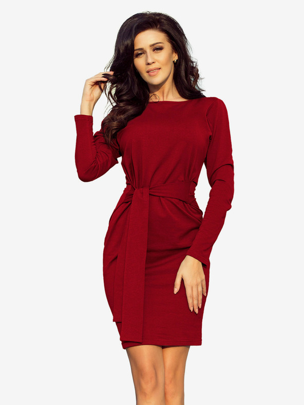 numoco Kleid mit breitem Gürtel - burgunderrot Numoco