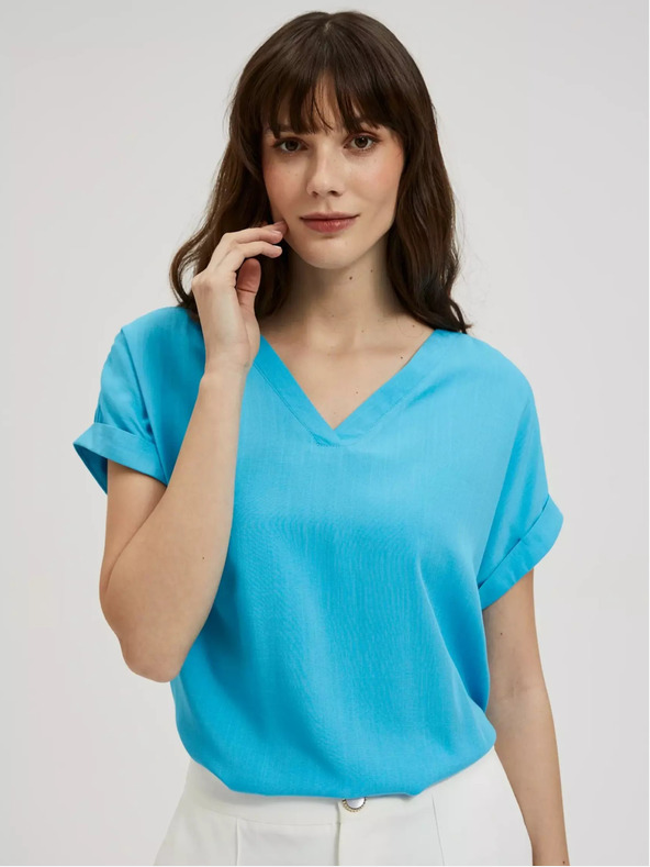 Moodo Blaue Viskosebluse mit V-Ausschnitt Moodo