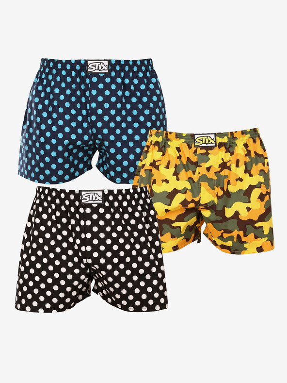 Styx Dreier-Set gemusterte Herren-Schlafshorts in Blau, Gelb und Schwarz Styx