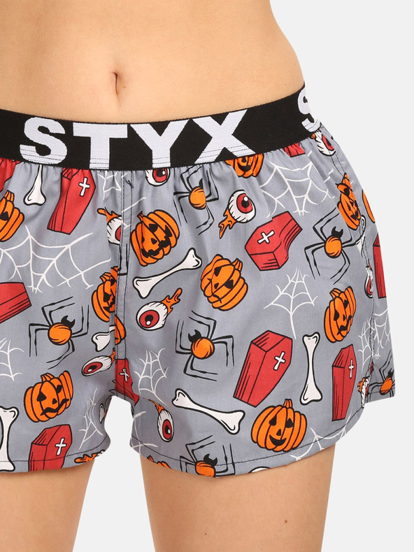 Styx Orange und grau gemusterte Damen-Schlafshorts Styx Halloween-Särge