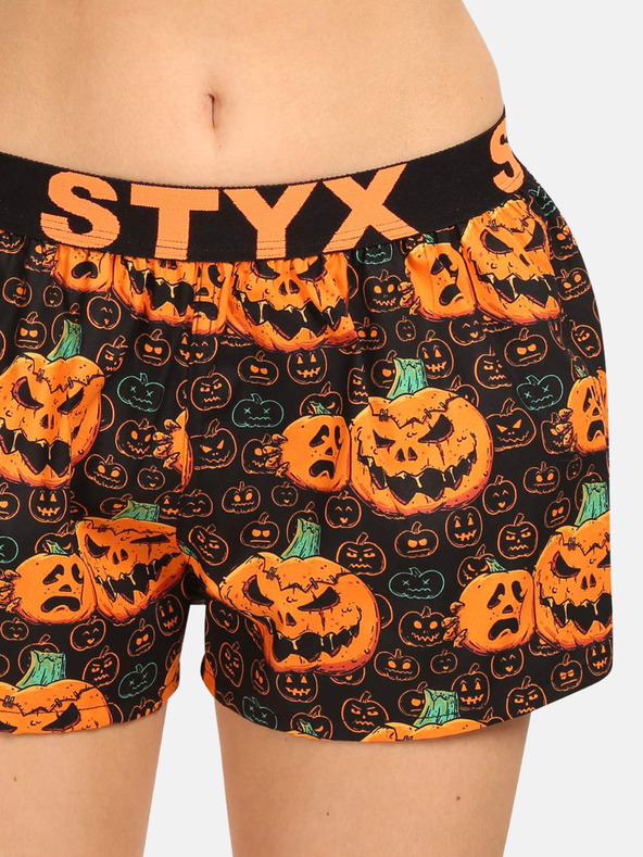 Styx Schwarz-orange gemusterte Styx Halloween-Schlafshorts für Damen mit Kürbismuster