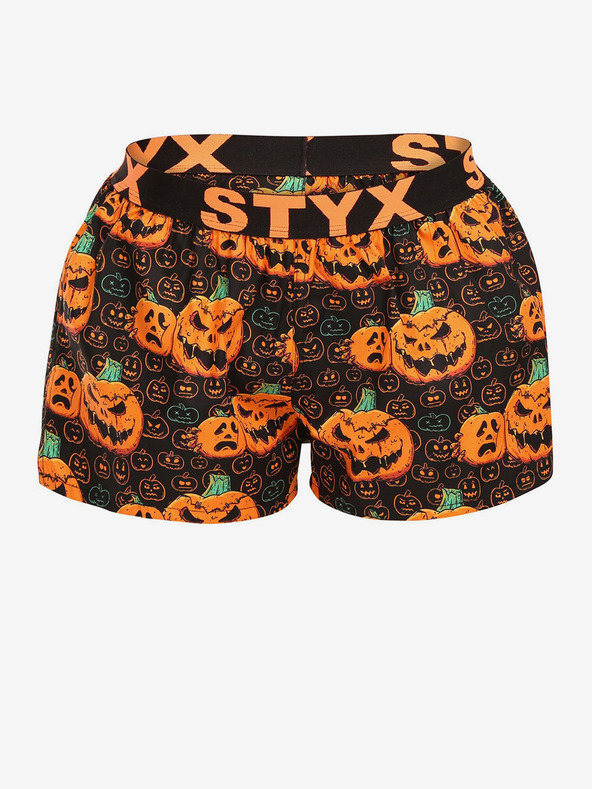 Styx Schwarz-orange gemusterte Styx Halloween-Schlafshorts für Damen mit Kürbismuster