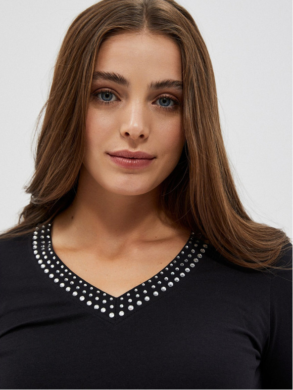 Moodo Schwarzes Damen-T-Shirt mit dekorativem Ausschnitt Moodo