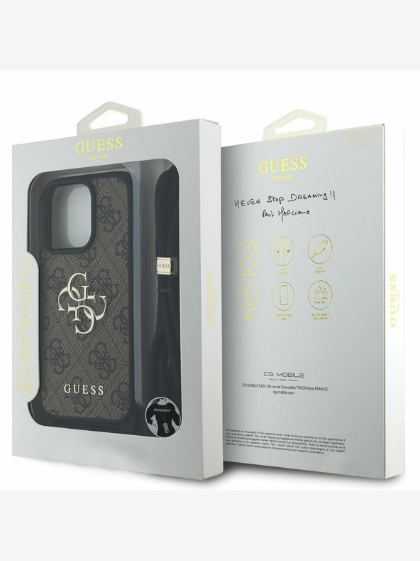 Guess Guess PU PU 4G Metall-Logo Crossbody Strap Back Cover für iPhone 15 Pro Max Braun