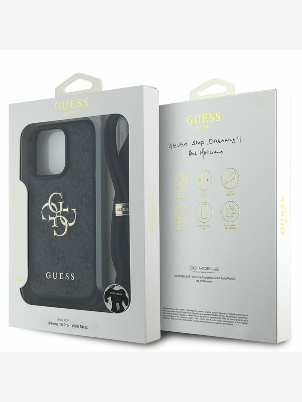 Guess Guess PU 4G Metall-Logo Crossbody Strap Back Cover für iPhone 16 Pro Schwarz