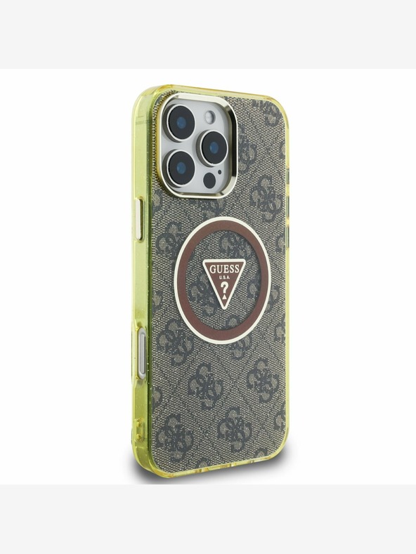 Guess Guess IML 4G Glitter and Triangle Logo MagSafe Back Cover für iPhone 16 Pro Braun