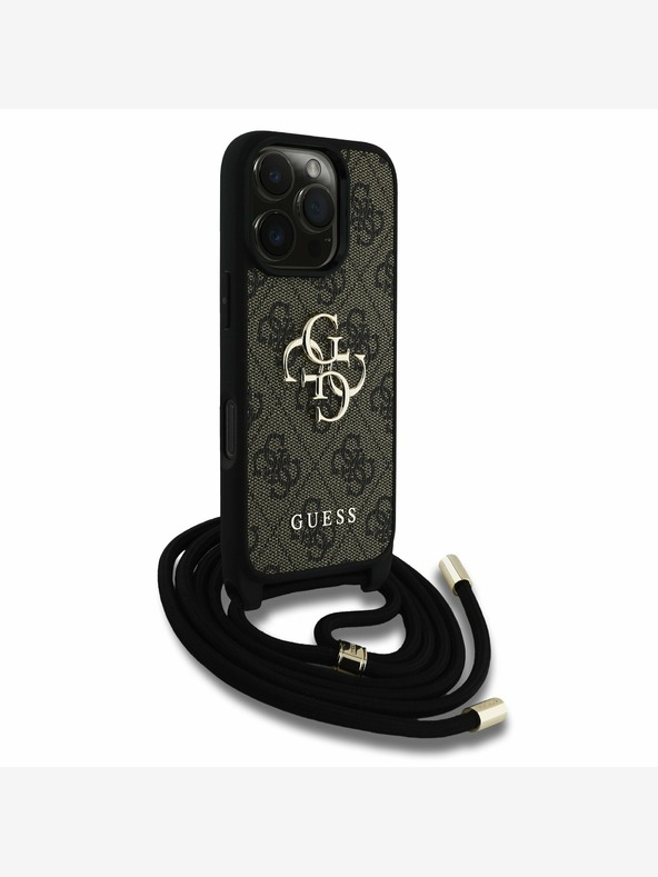 Guess Guess PU 4G Metall Logo Crossbody Strap Schutzhülle für iPhone 16 Pro Max Braun
