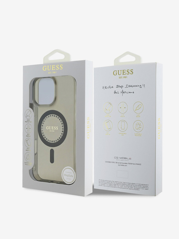 Guess Guess IML Rhinestones Ring MagSafe Back Cover für iPhone 16 Pro Max Schwarz