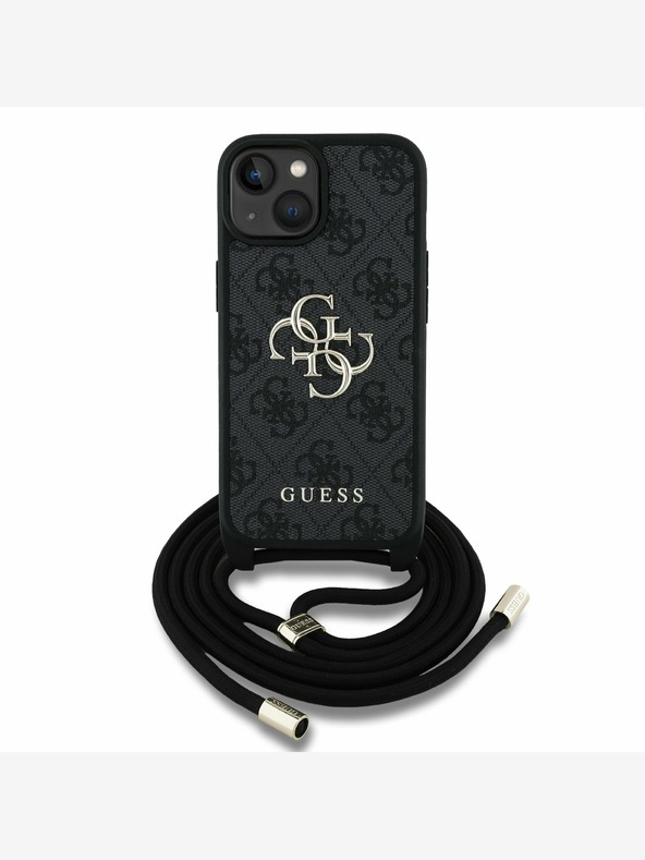 Guess Guess PU 4G Metall-Logo Crossbody Strap Back Cover für iPhone 15 Schwarz