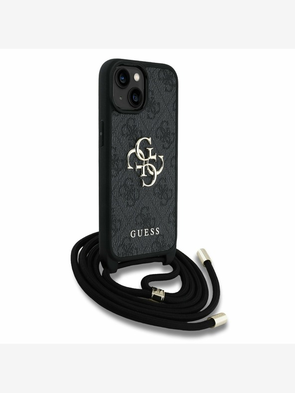 Guess Guess PU 4G Metall-Logo Crossbody Strap Back Cover für iPhone 15 Schwarz