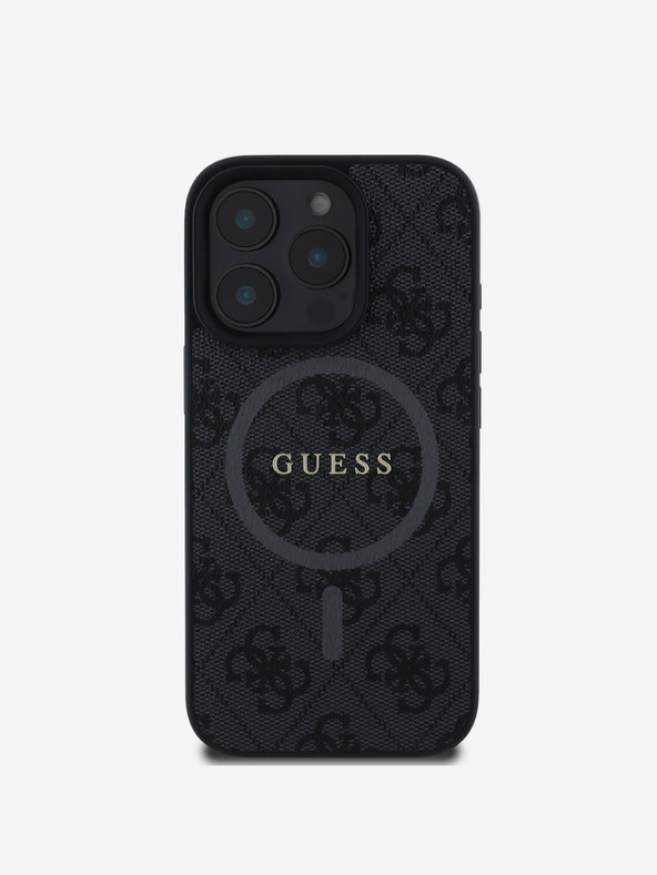 Guess PU Leder 4G Farbiger Ring MagSafe Rückseite Hülle für iPhone 16 Pro Schwarz Handyhülle