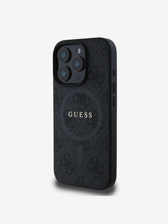 Guess PU Leder 4G Farbiger Ring MagSafe Rückseite Hülle für iPhone 16 Pro Schwarz Handyhülle