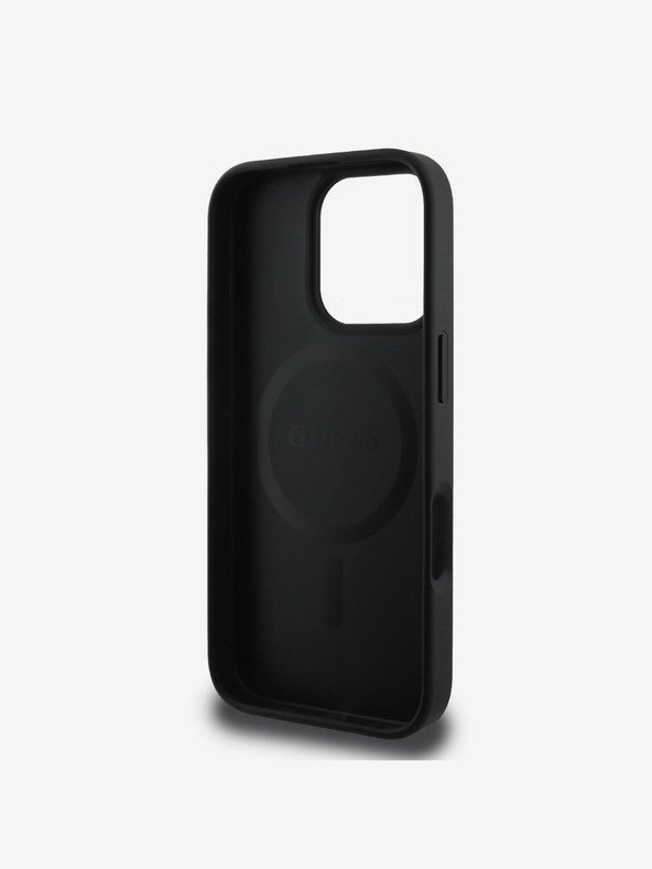 Guess PU Leder 4G Farbiger Ring MagSafe Rückseite Hülle für iPhone 16 Pro Schwarz Handyhülle