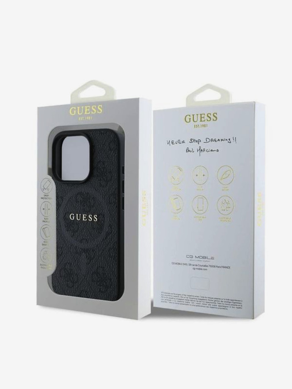 Guess PU Leder 4G Farbiger Ring MagSafe Rückseite Hülle für iPhone 16 Pro Schwarz Handyhülle