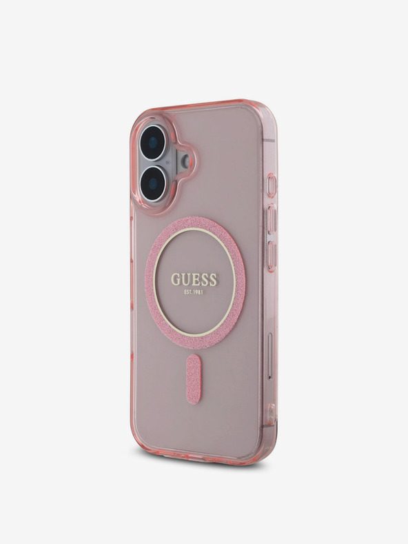 Guess Guess IML Glitter Ring MagSafe Back Cover für iPhone 16 Pink