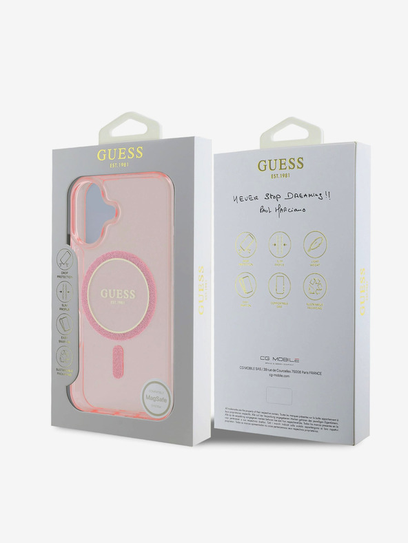 Guess Guess IML Glitter Ring MagSafe Back Cover für iPhone 16 Pink
