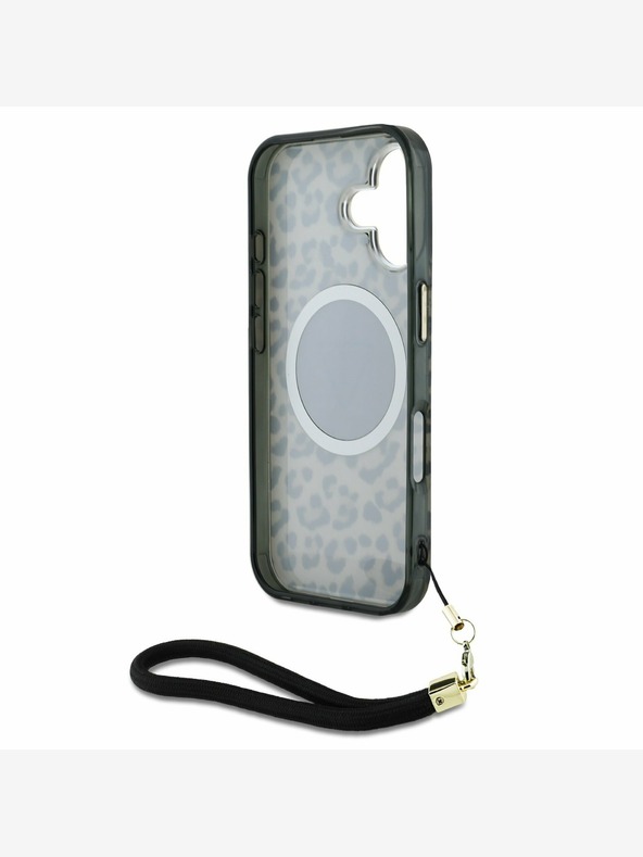 Guess Guess IML Leopard Triangle Logo Strap MagSafe Back Cover für iPhone 16 Braun