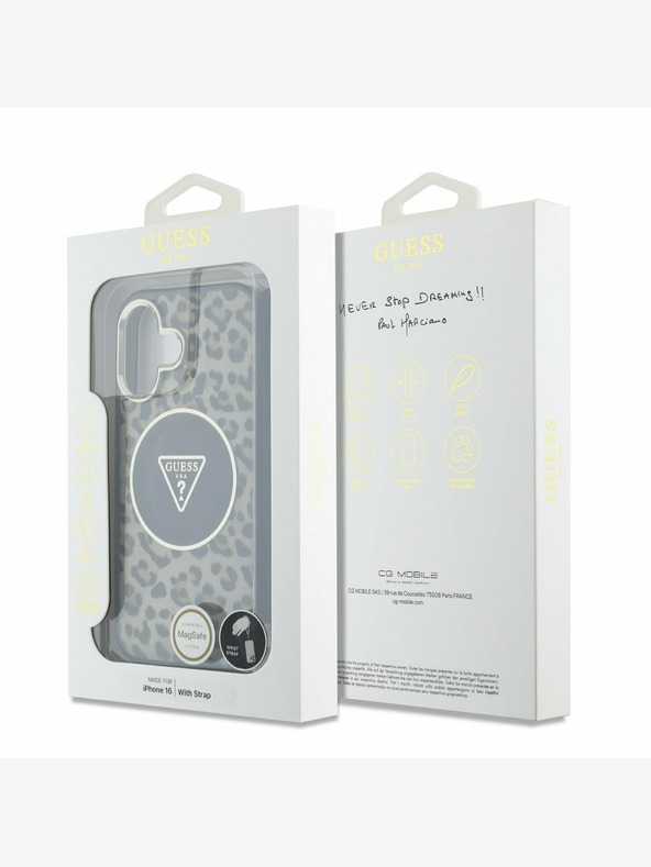 Guess Guess IML Leopard Triangle Logo Strap MagSafe Back Cover für iPhone 16 Braun