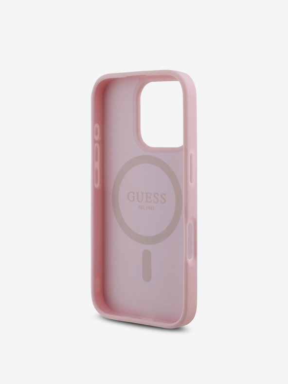 Guess Guess PU genarbtes 4G MagSafe Back Cover mit kleinem Metall-Logo für iPhone 16 Pro Pink